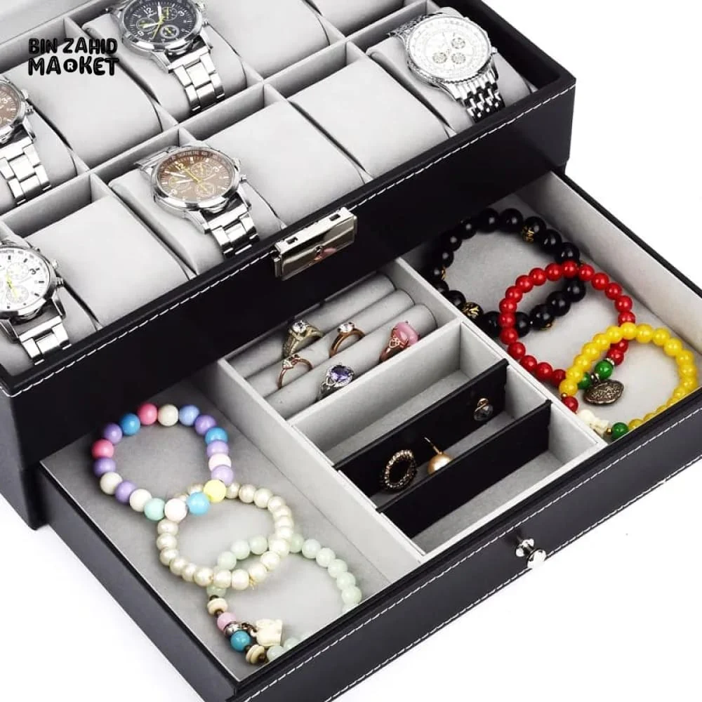 12X SLOTS DOUBLE LAYERS LEATHER WATCH STORAGE BOX - Image 4