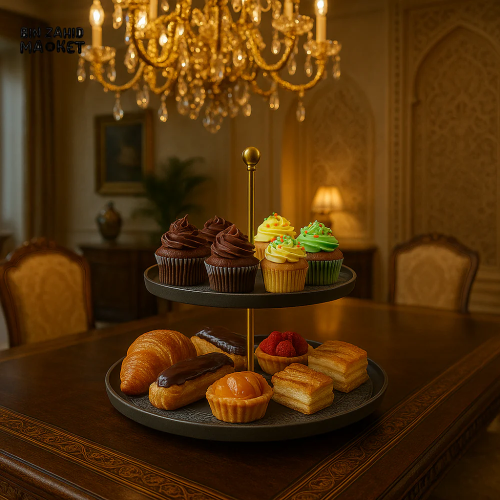 2 TIER DESSERT STAND WITH CUPCAKES & PASTRIES – LUXURY VILLA TABLE DISPLAY FOR HIGH-TEA & PARTIES
