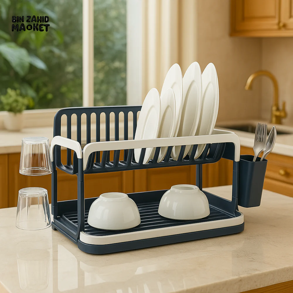 2-TIER FOLDABLE DISH DRYING RACK – SPACE-SAVING KITCHEN ORGANIZER WITH UTENSIL HOLDER