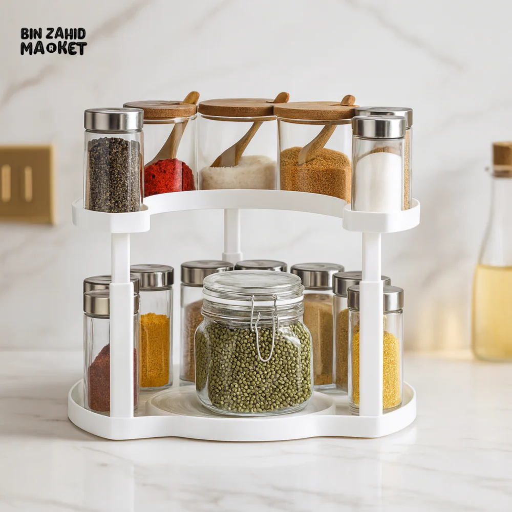 2-TIER SPICE RACK ORGANIZER – 360° ROTATABLE, HEIGHT-ADJUSTABLE DESIGN