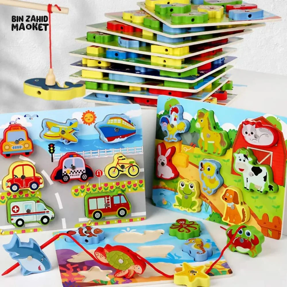 3 IN 1 WOODEN ANIMAL VEHICLE STRINGING TOY – MAGNETIC MATCHING & SHAPE BOARD