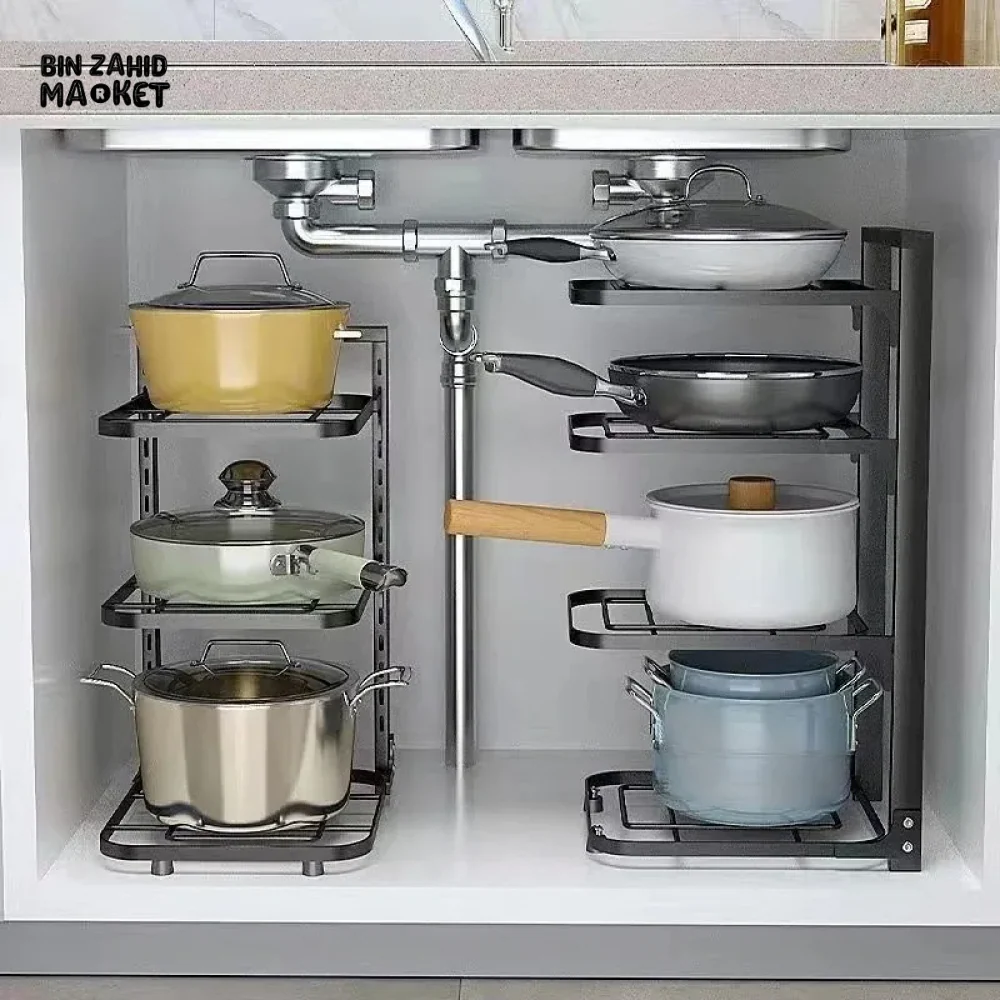 3-LAYER ADJUSTABLE POT RACK KITCHEN STORAGE ORGANIZER LID & PAN HOLDER - Image 3