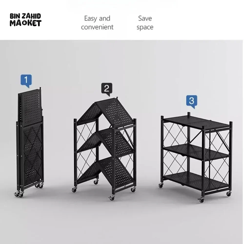 3 LAYER FOLDABLE METAL STORAGE SHELVES MULTIFUNCTIONAL KITCHEN LIVING ROOM RACK - Image 3