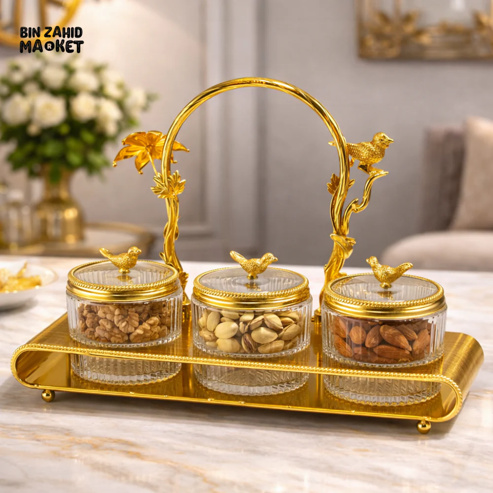 3-PARTITION LUXURY DRY FRUIT TRAY SET WITH LIDS & HANDLE  DECORATIVE SERVING SET - GOLDEN