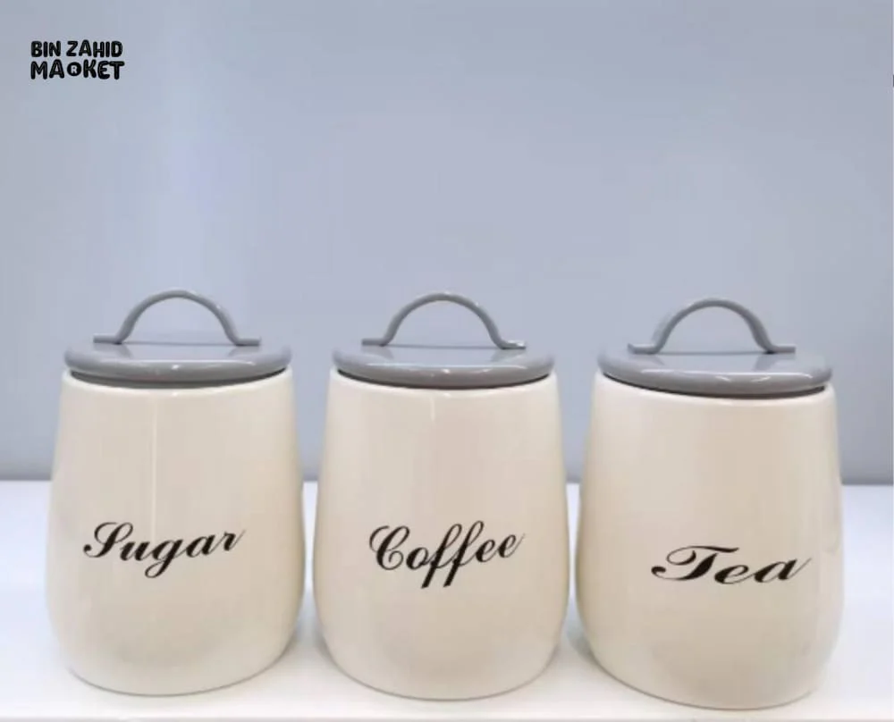 3-PIECE METAL CANISTER SET – COFFEE SUGAR TEA WITH AIRTIGHT LIDS - GREY - Image 2