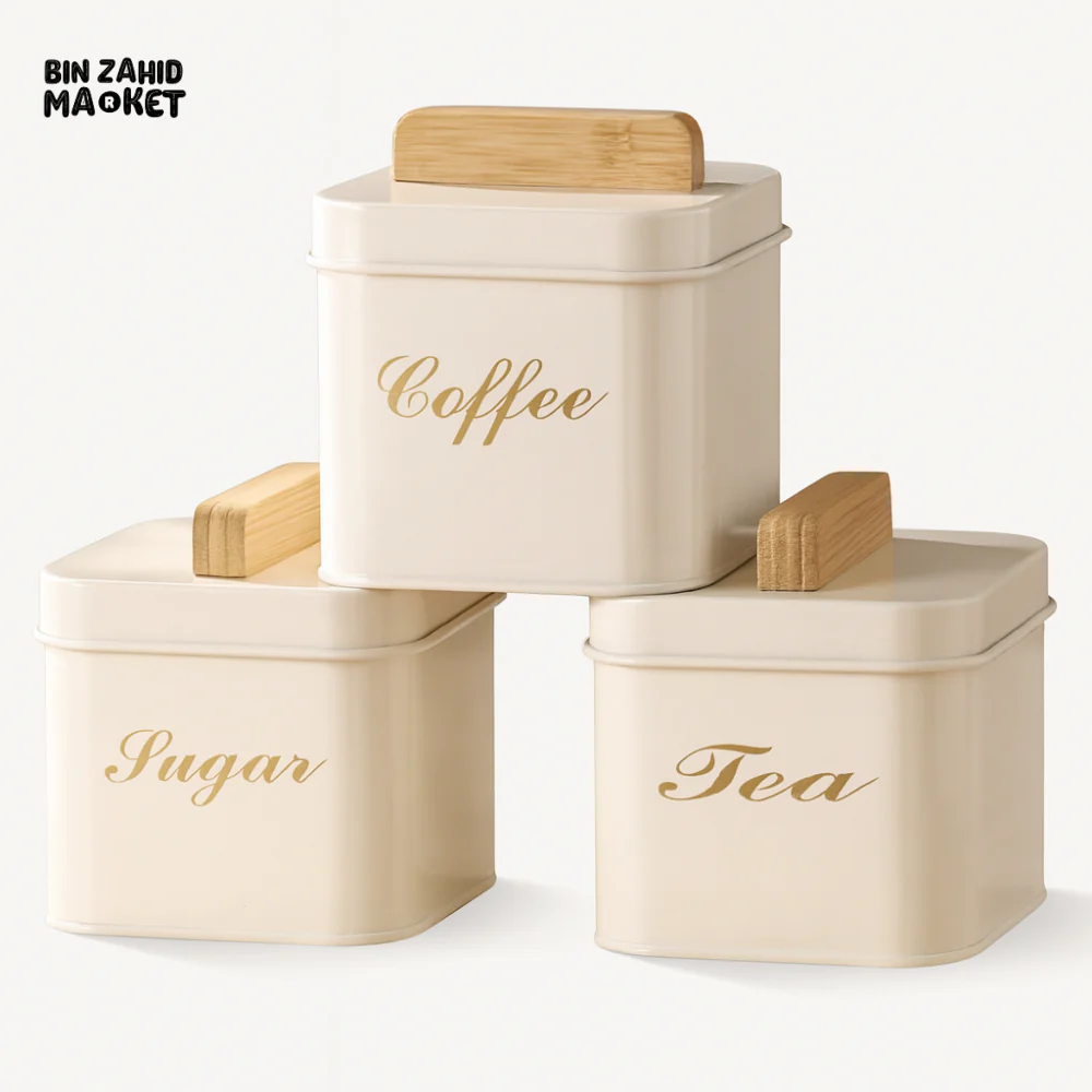3-PIECE SQUARE METAL SUGAR CANISTER SET WITH BAMBOO LIDS - WHITE - Image 2