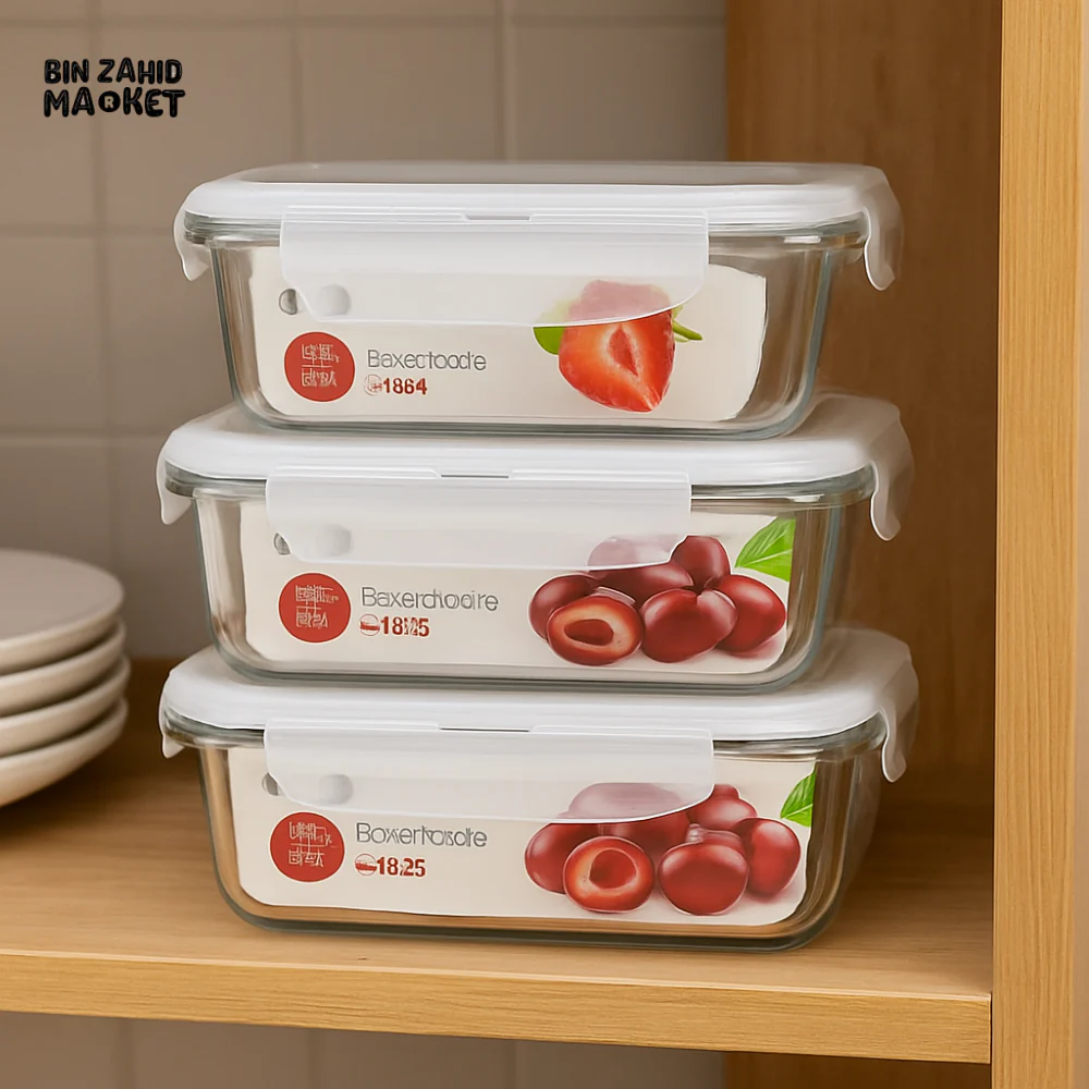 3 PIECES BOROSILICATE GLASS FOOD STORAGE CONTAINERS – AIRTIGHT LIDS STACKABLE KITCHEN ORGANIZER BOXES FOR MEAL PREP & FRESH KEEPING