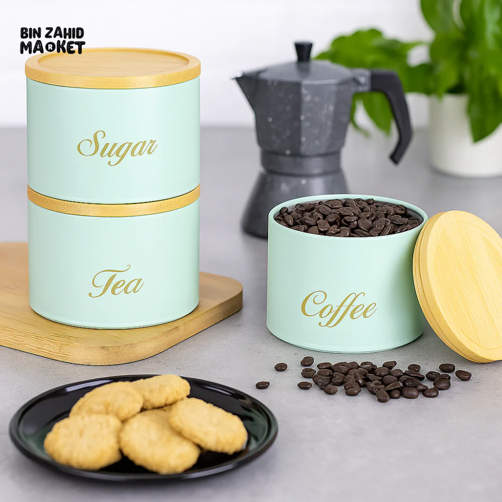 3 PIECES METAL KITCHEN STORAGE JARS SET – TEA COFFEE & SUGAR CANISTERS WITH BAMBOO LIDS, LUXURY COUNTERTOP ORGANIZER - GREEN