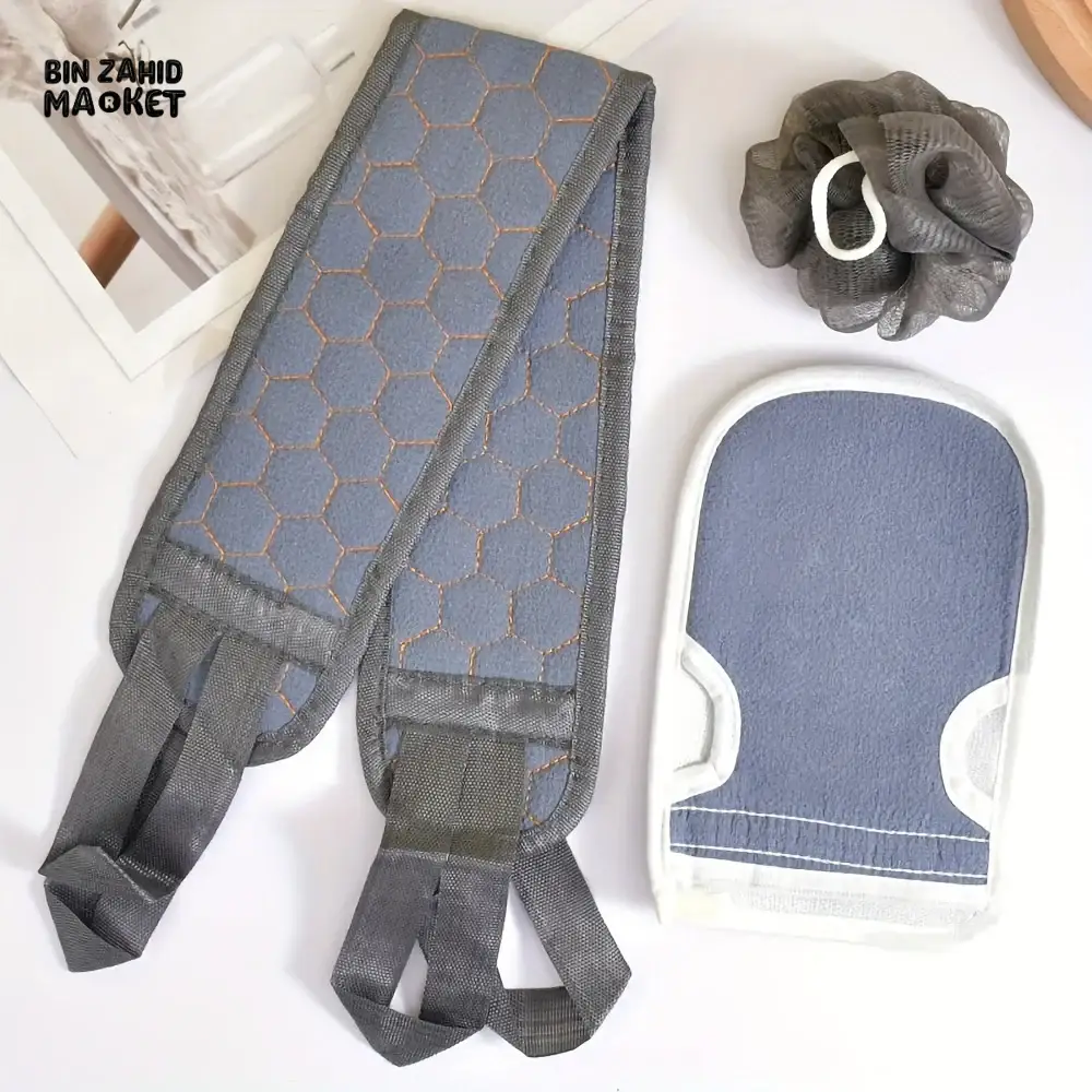 3 PIECES SET – BATH SCRUB BACK BELT BODY WASH TOWEL & SPA GLOVE FOR FULL BODY CLEANSE - Image 2