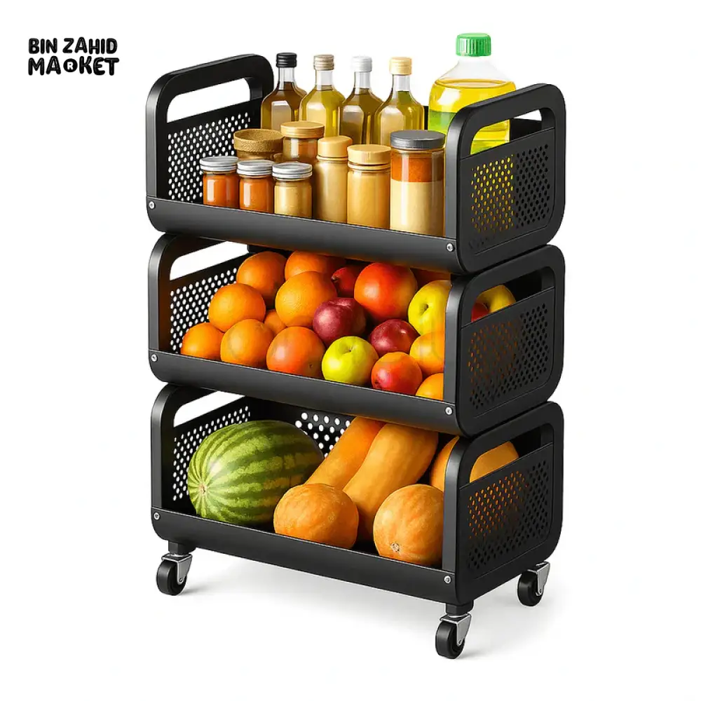 3 TIER BLACK METAL STORAGE RACK WITH WHEELS | KITCHEN & PANTRY ORGANIZER FOR FRUITS, VEGETABLES & BOTTLES - LU-1 - Image 2