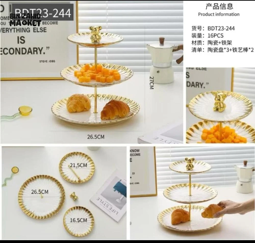 3-TIER CAKE STAND – GOLD RIM SERVING PLATTER FOR SNACKS & PASTRIES - Image 2