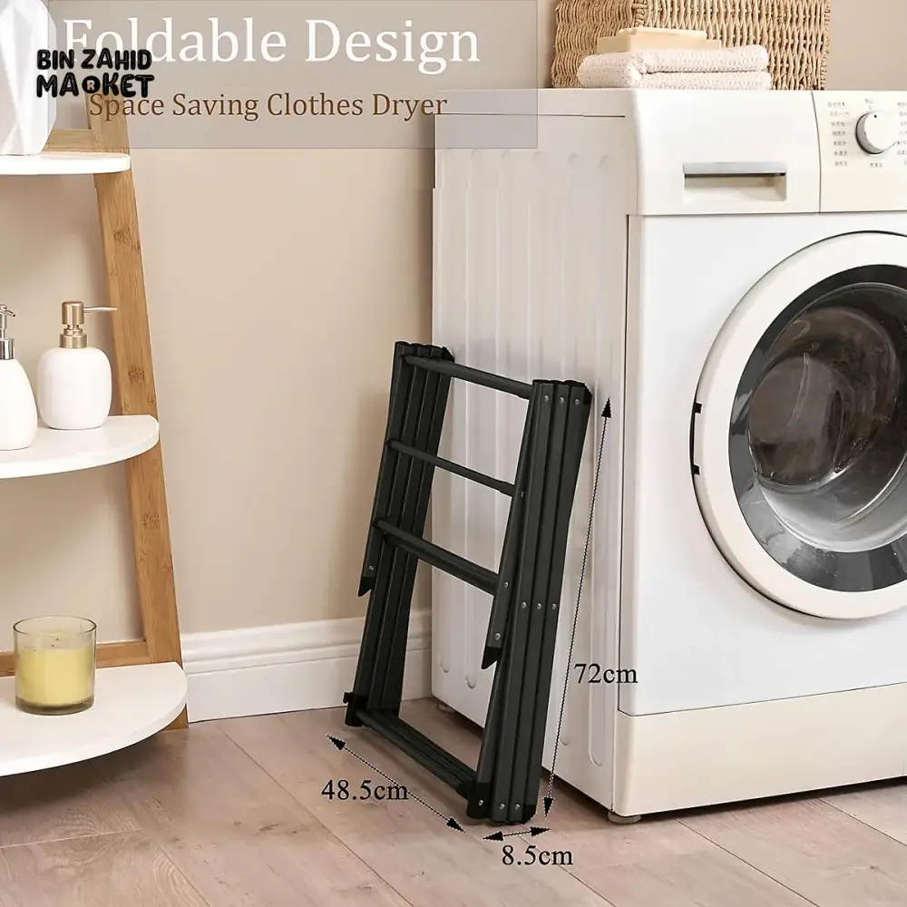 3 TIER EXTENDABLE CLOTHES DRYING RACK WITH WASHING LINE & TOWEL HOLDER – COMPACT & SPACE-SAVING DESIGN – BLACK - Image 2