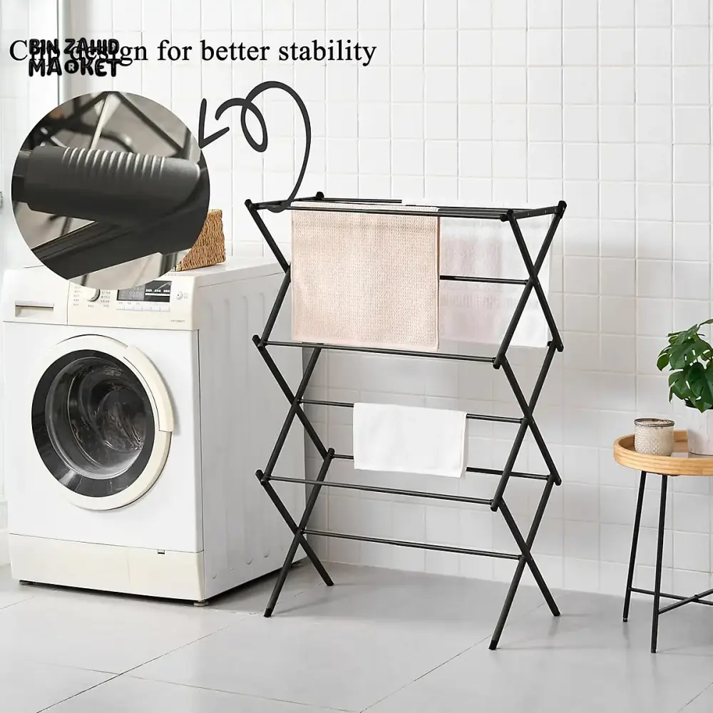 3 TIER EXTENDABLE CLOTHES DRYING RACK WITH WASHING LINE & TOWEL HOLDER – COMPACT & SPACE-SAVING DESIGN – BLACK - Image 3