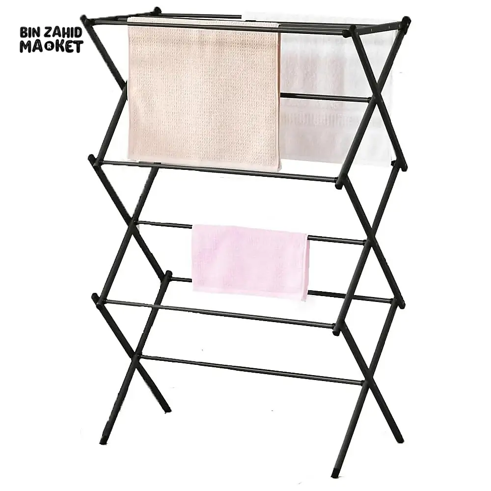 3 TIER EXTENDABLE CLOTHES DRYING RACK WITH WASHING LINE & TOWEL HOLDER – COMPACT & SPACE-SAVING DESIGN – BLACK - Image 5