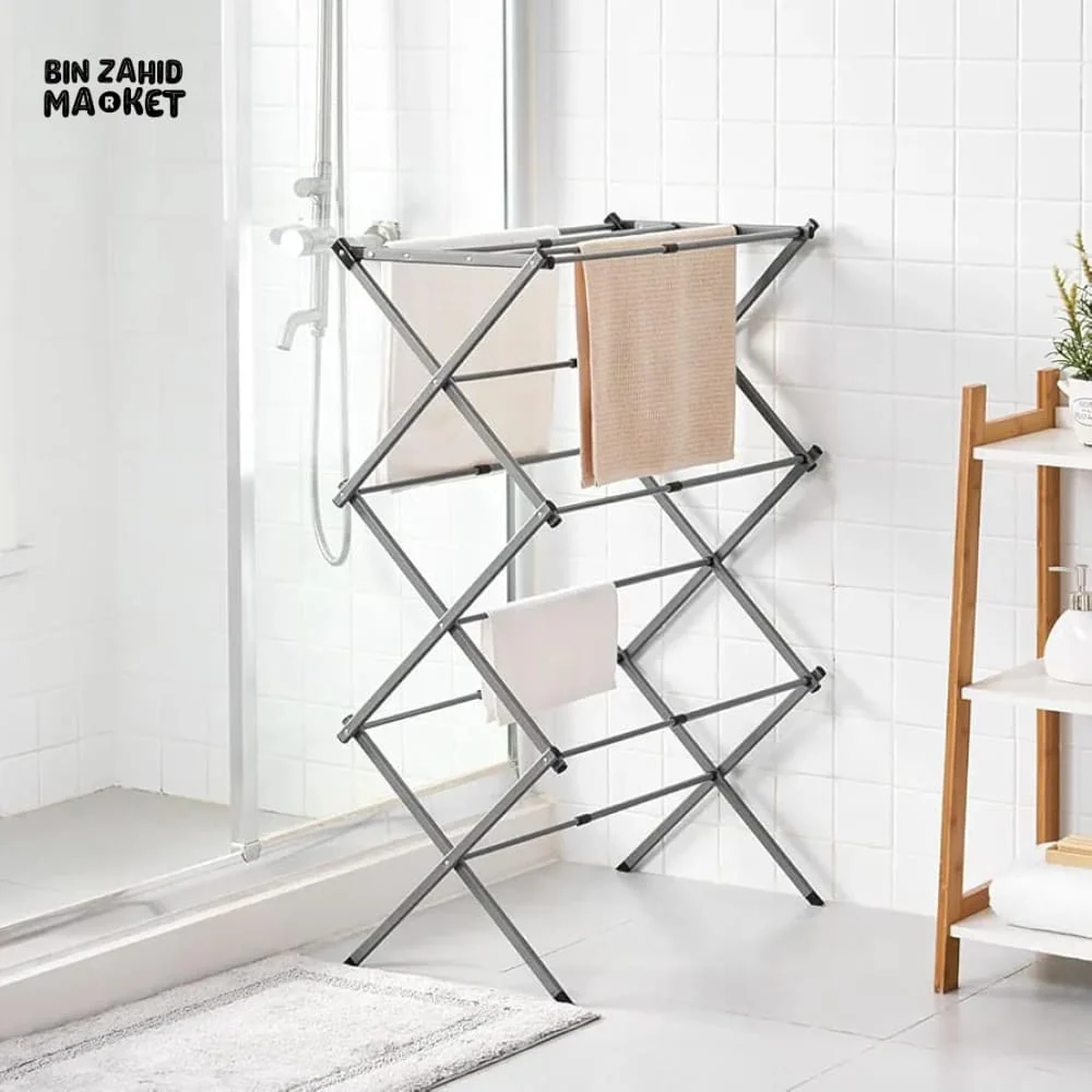 3 TIER EXTENDABLE CLOTHES DRYING RACK WITH WASHING LINE & TOWEL HOLDER – COMPACT & SPACE-SAVING DESIGN – BLACK - Image 6