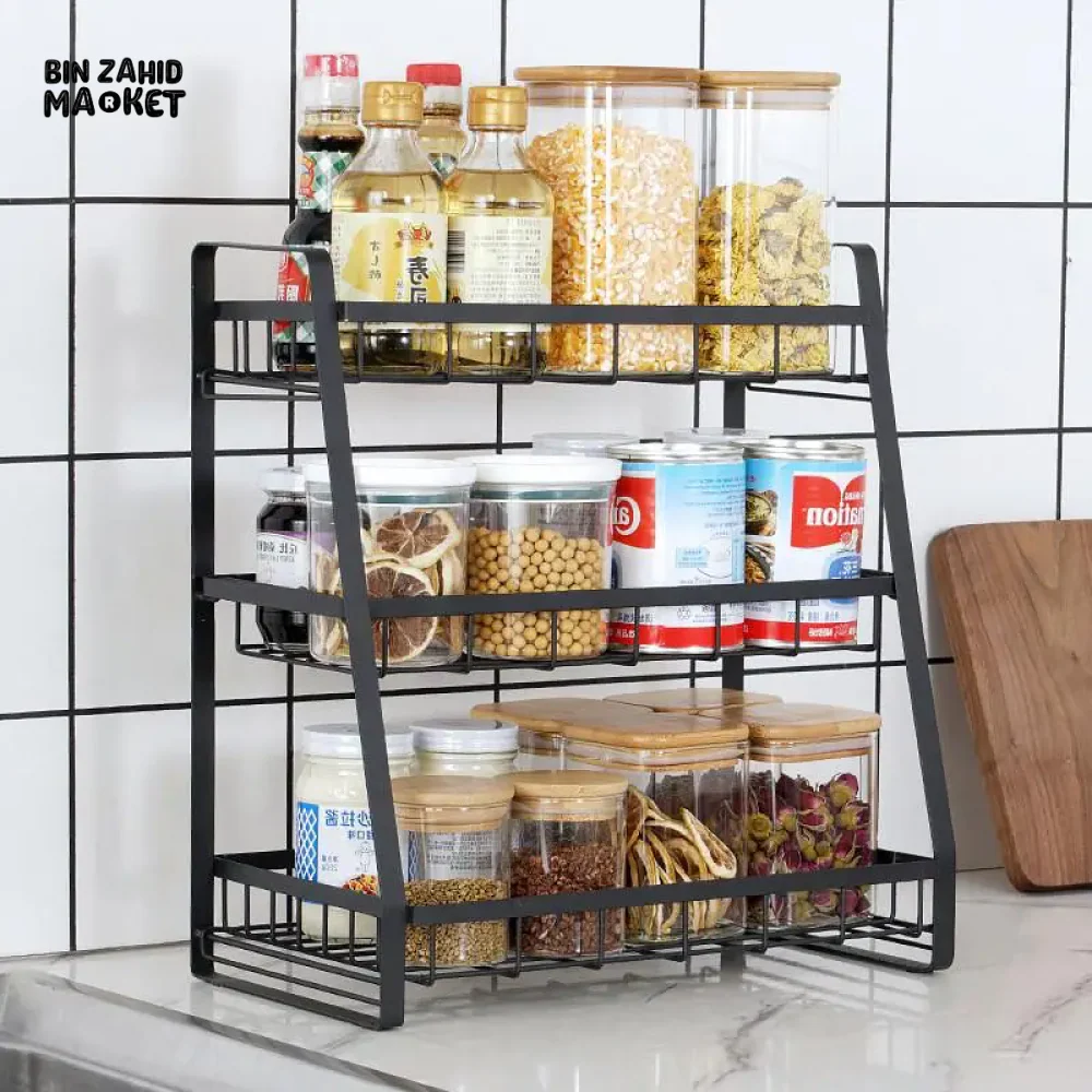 3 TIER SPICE RACK KITCHEN STORAGE SHELF METAL WITH GUARDRAIL - Image 2