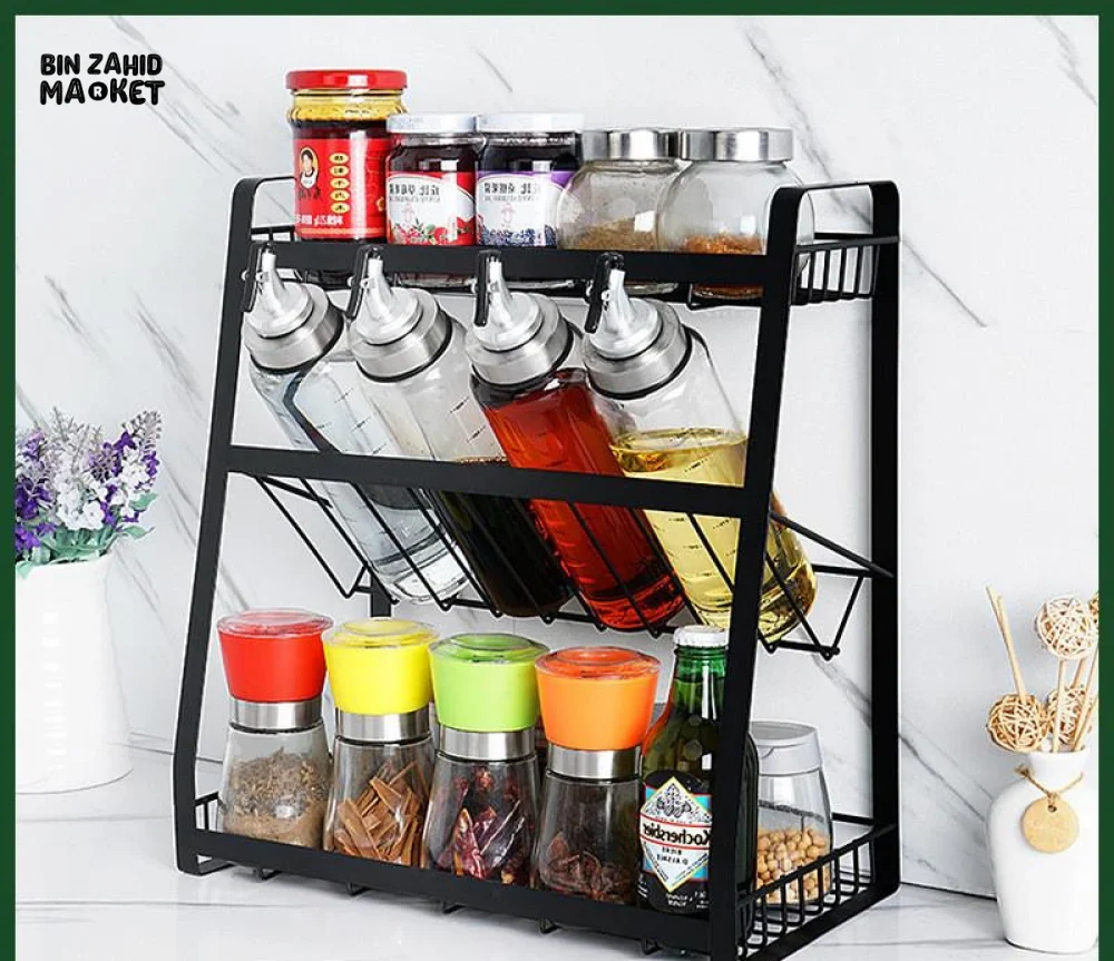 3 TIER SPICE RACK KITCHEN STORAGE SHELF METAL WITH GUARDRAIL - Image 3