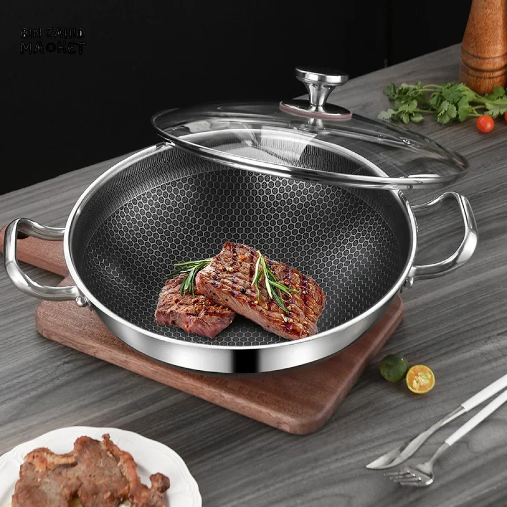 304 STAINLESS STEEL NON-STICK FRYING PAN – 28CM FOOD-GRADE HONEYCOMB WOK COMPATIBLE WITH GAS STOVE & GENERAL COOKING USE