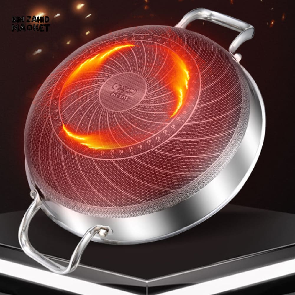 304 STAINLESS STEEL NON-STICK FRYING PAN – 28CM FOOD-GRADE HONEYCOMB WOK COMPATIBLE WITH GAS STOVE & GENERAL COOKING USE - Image 4