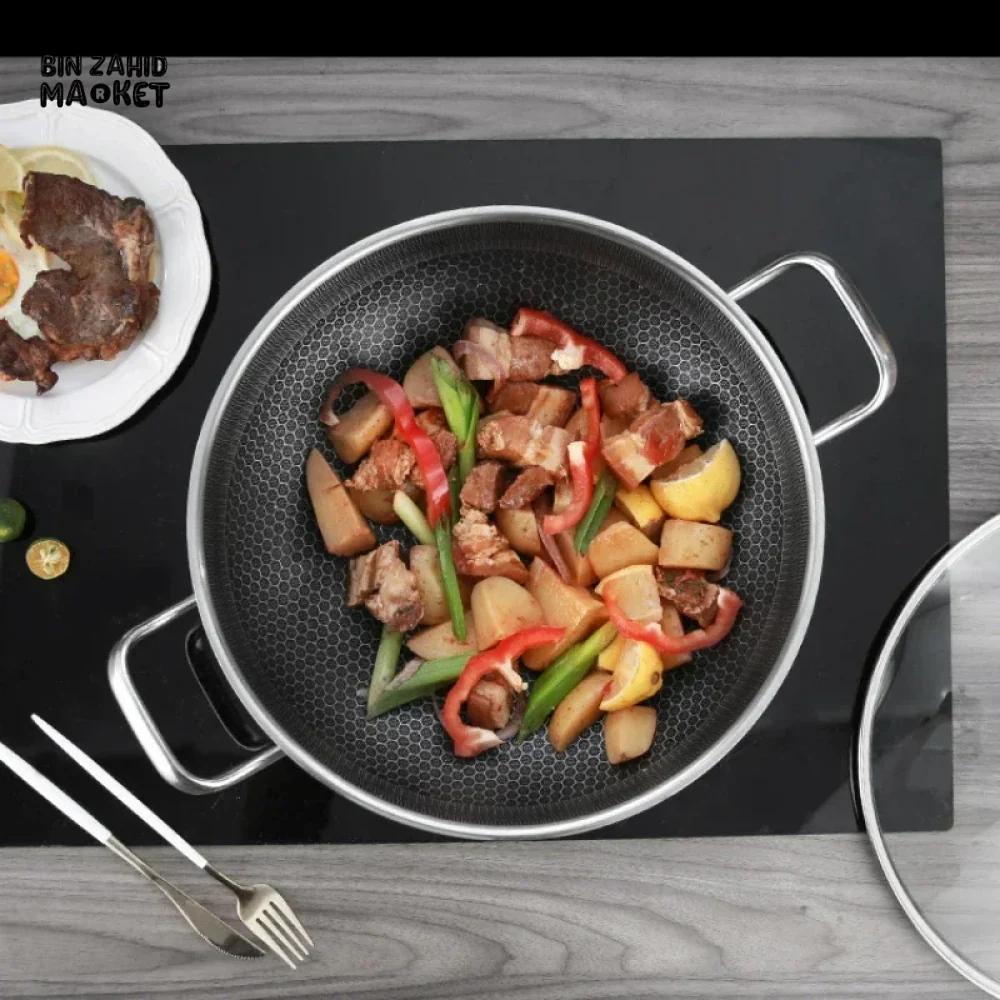 304 STAINLESS STEEL NON-STICK FRYING PAN – 28CM FOOD-GRADE HONEYCOMB WOK COMPATIBLE WITH GAS STOVE & GENERAL COOKING USE - Image 5