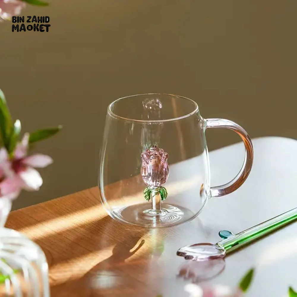 3D ROSE GLASS MUG WITH PINK HANDLE – HEAT-RESISTANT FOR MILK & COFFEE - Image 2