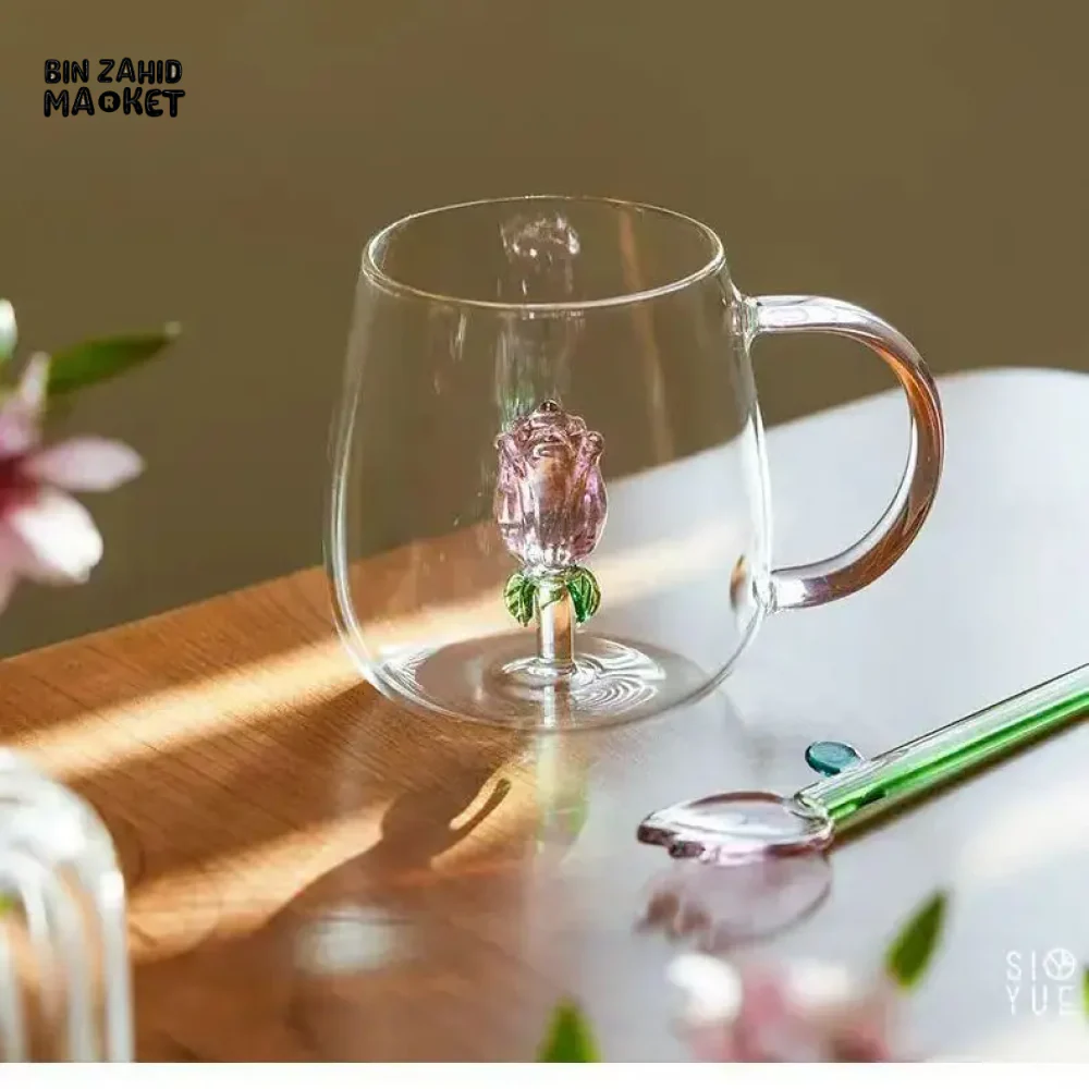 3D ROSE GLASS MUG WITH PINK HANDLE – HEAT-RESISTANT FOR MILK & COFFEE - Image 6