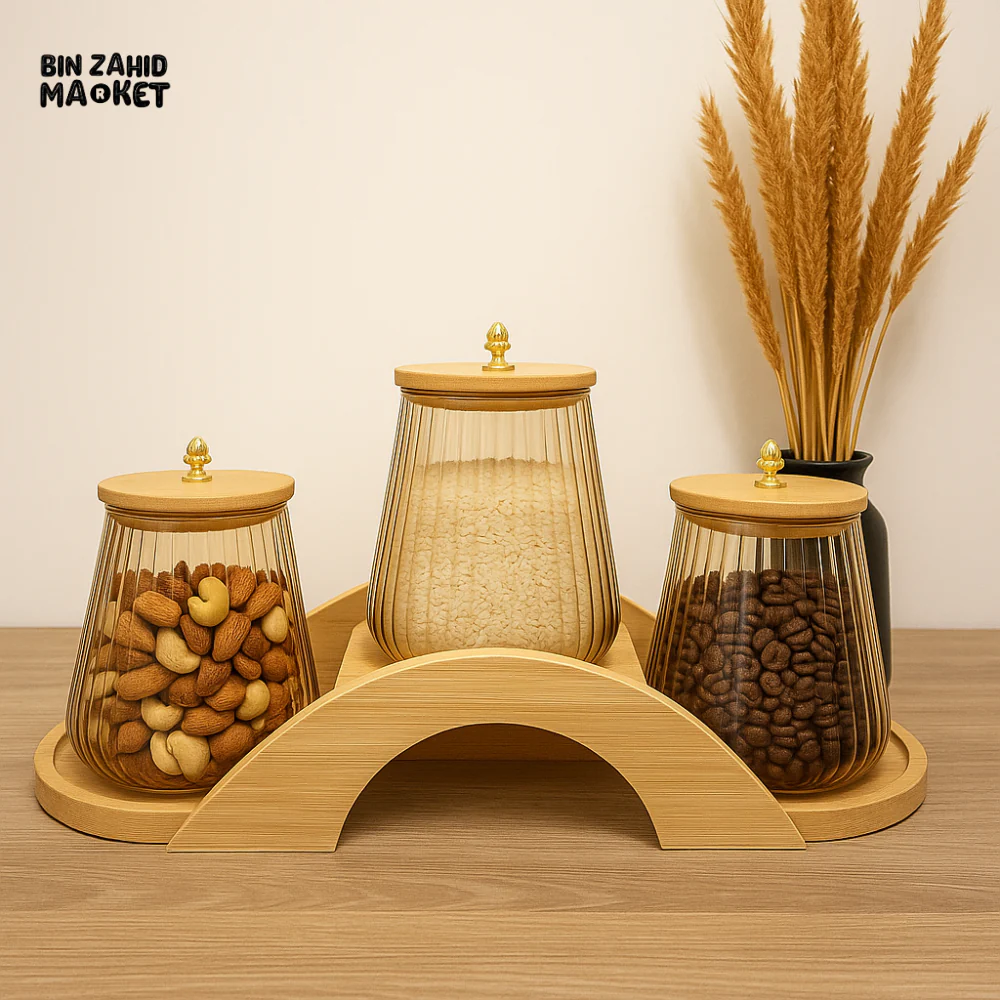 3PIECE AMBER GLASS JAR SET WITH BAMBOO LIDS & STAND – DRY FRUIT, COFFEE, RICE STORAGE CONTAINERS - Image 2