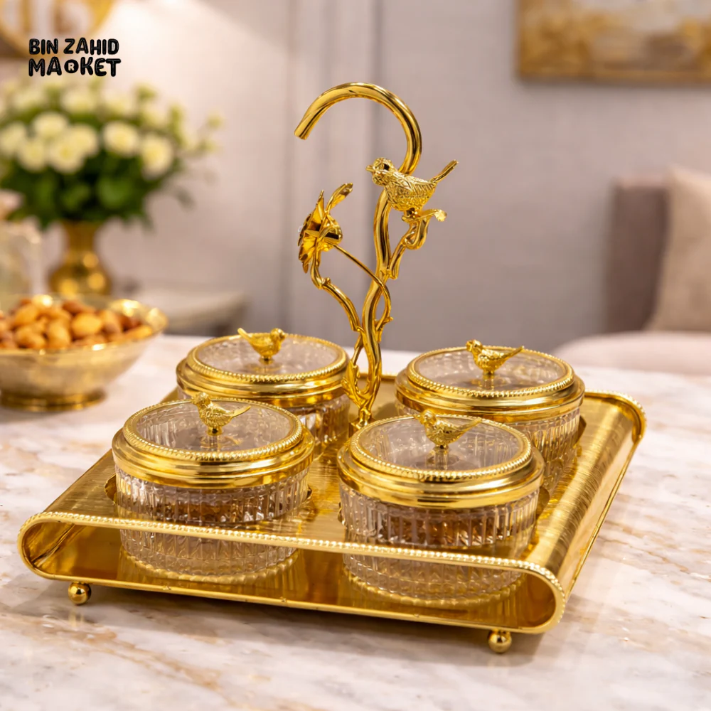 4-PARTITION LUXURY DRY FRUIT TRAY SET WITH LIDS & HANDLE  DECORATIVE SERVING SET - GOLDEN