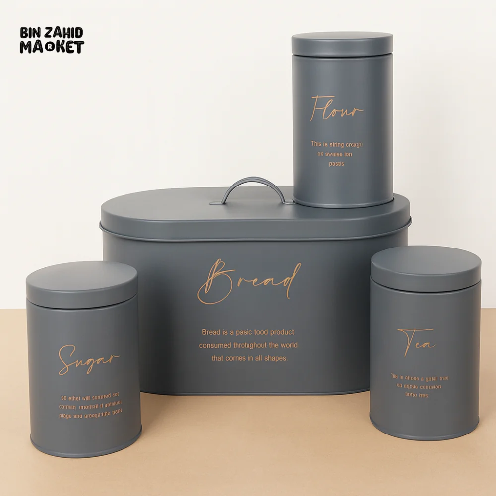4-PIECE METAL BREAD BIN AND CANISTER SET - GREY