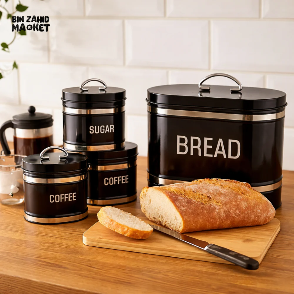 4-PIECE METAL BREAD BOX & KITCHEN CANISTER SET FOOD STORAGE ORGANIZER WITH SUGAR, COFFEE & TEA CONTAINERS - Image 2
