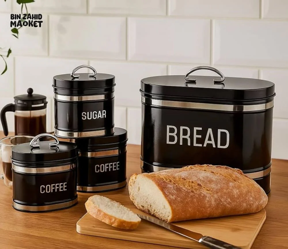 4-PIECE METAL BREAD BOX & KITCHEN CANISTER SET FOOD STORAGE ORGANIZER WITH SUGAR, COFFEE & TEA CONTAINERS - Image 3