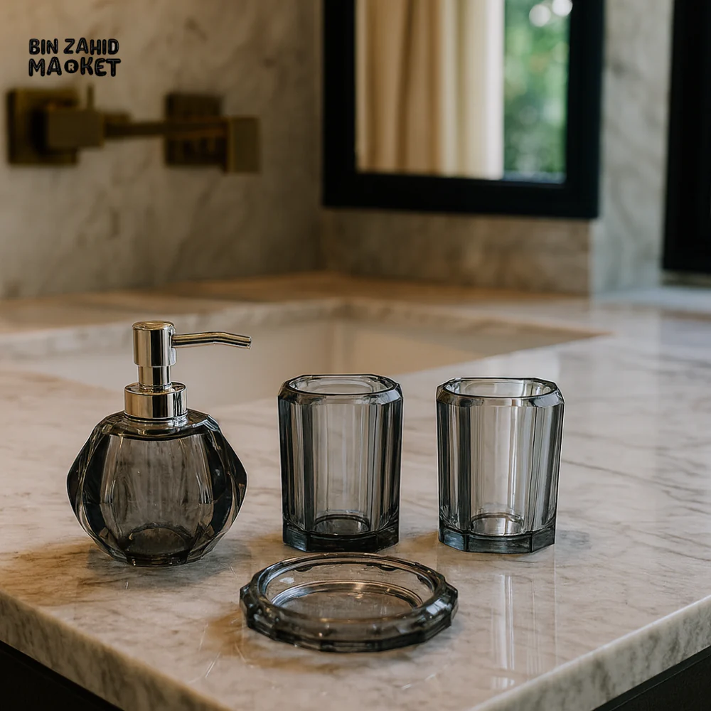 4 PIECE SMOKY GREY BATHROOM ACCESSORY SET – LUXURY VILLA WASHROOM COLLECTION F3108BT