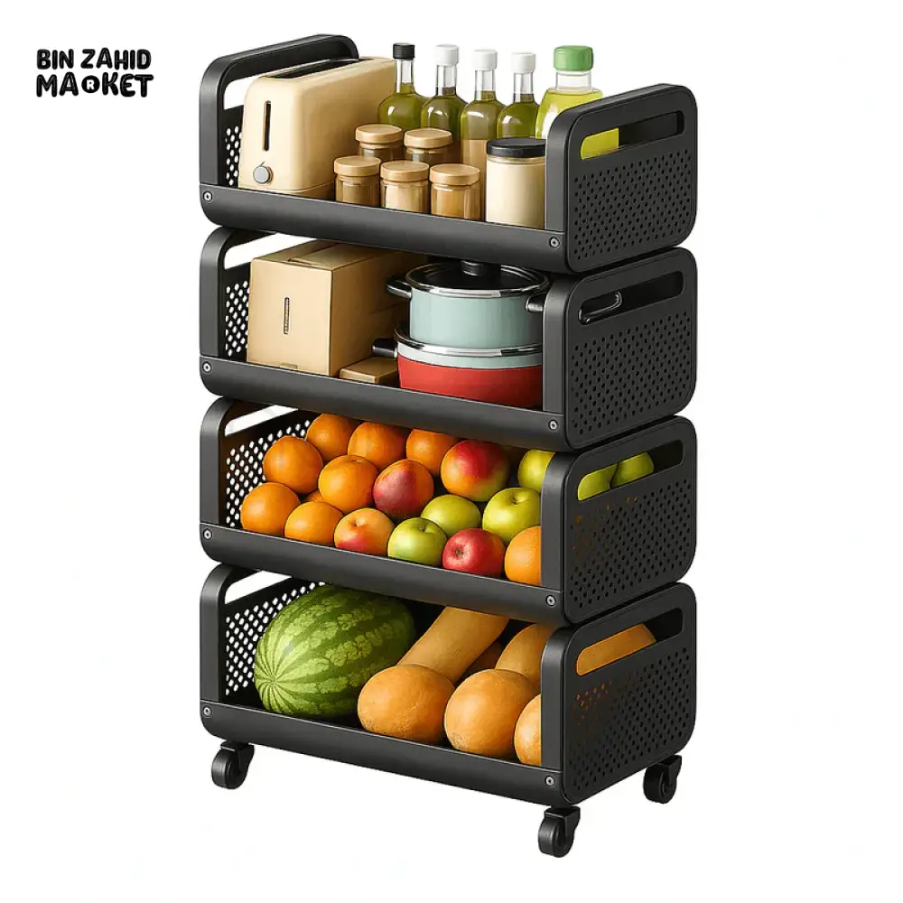 4 TIER BLACK METAL STORAGE RACK WITH WHEELS | KITCHEN & PANTRY ORGANIZER FOR FRUITS, VEGETABLES & BOTTLES - LU-2 - Image 2