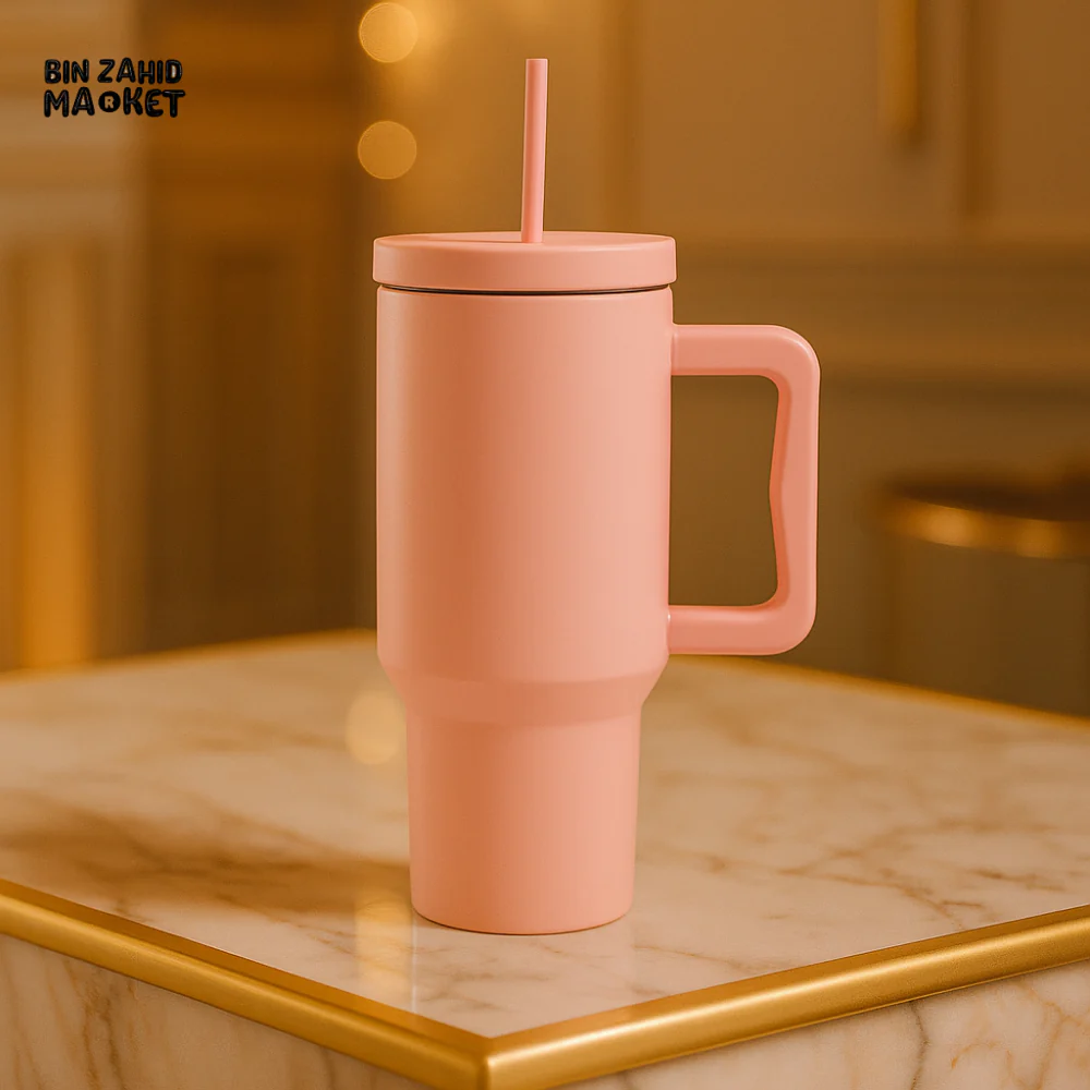 40OZ COLORFUL TUMBLER WITH HANDLE – LEAKPROOF INSULATED TRAVEL MUG - PASTEL PINK