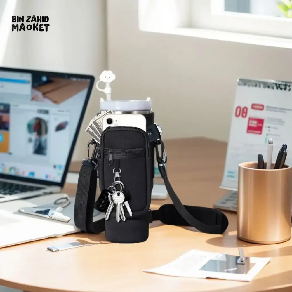 40OZ INSULATED WATER BOTTLE CARRIER WITH ADJUSTABLE SHOULDER STRAP – POUCH COVER FOR THERMOS & TRAVEL MUGS - Image 5