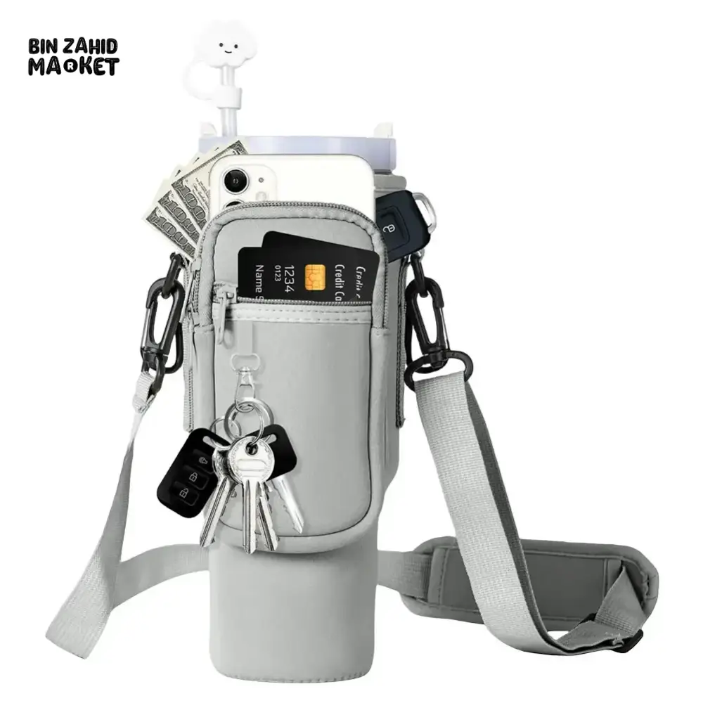 40OZ INSULATED WATER BOTTLE CARRIER WITH ADJUSTABLE SHOULDER STRAP – POUCH COVER FOR THERMOS & TRAVEL MUGS - Image 7