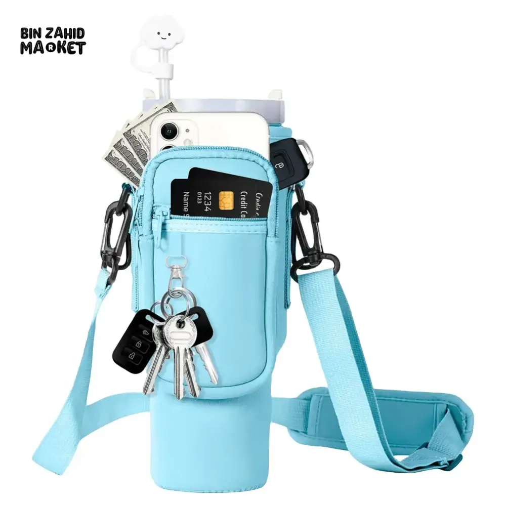40OZ INSULATED WATER BOTTLE CARRIER WITH ADJUSTABLE SHOULDER STRAP – POUCH COVER FOR THERMOS & TRAVEL MUGS - Image 8
