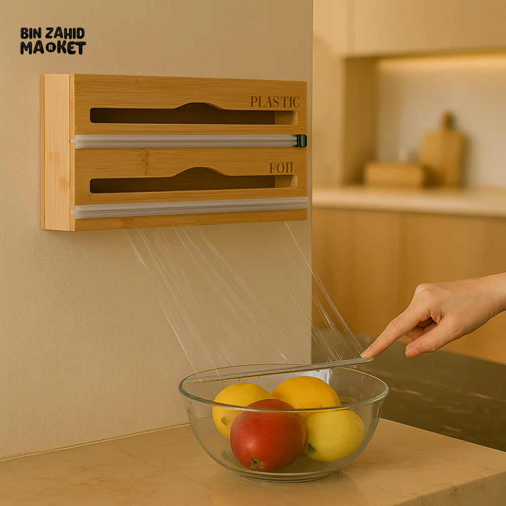 BAMBOO WRAP DISPENSER WITH SLIDER CUTTER – WALL MOUNTED PLASTIC & FOIL ORGANIZER FOR KITCHEN STORAGE AND FOOD WRAPPING 2IN1