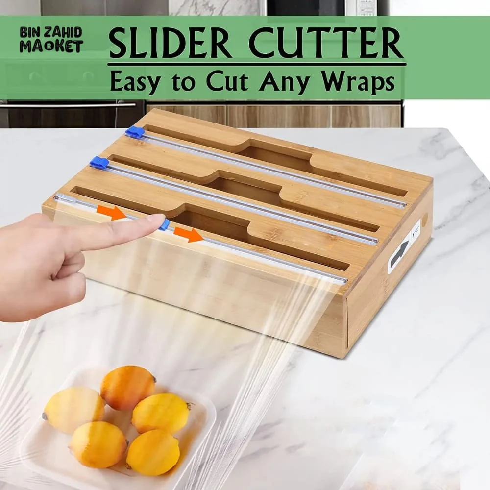 BAMBOO WRAP DISPENSER WITH SLIDER CUTTER – WALL MOUNTED PLASTIC & FOIL ORGANIZER FOR KITCHEN STORAGE AND FOOD WRAPPING 2IN1 - Image 5