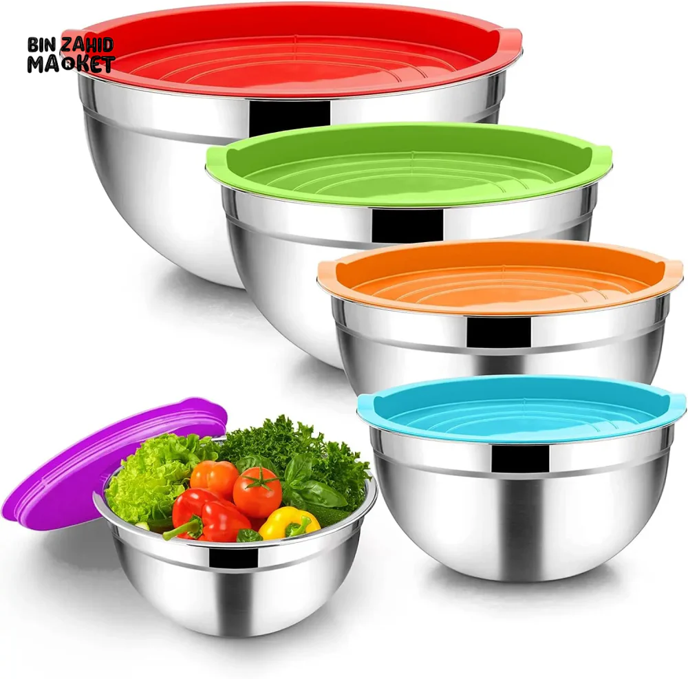 5-PIECE STAINLESS STEEL MIXING BOWLS SET WITH AIRTIGHT LIDS NESTING SALAD BOWLS