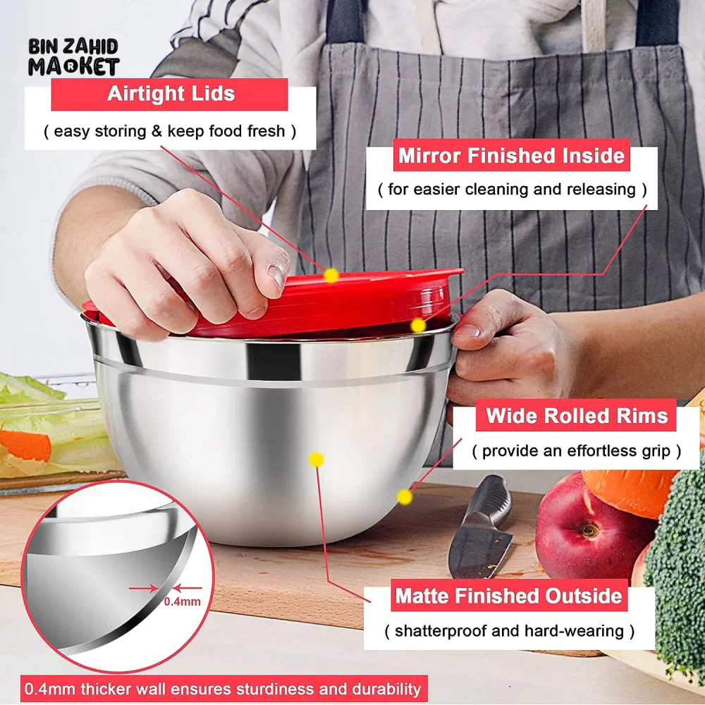 5-PIECE STAINLESS STEEL MIXING BOWLS SET WITH AIRTIGHT LIDS NESTING SALAD BOWLS - Image 10