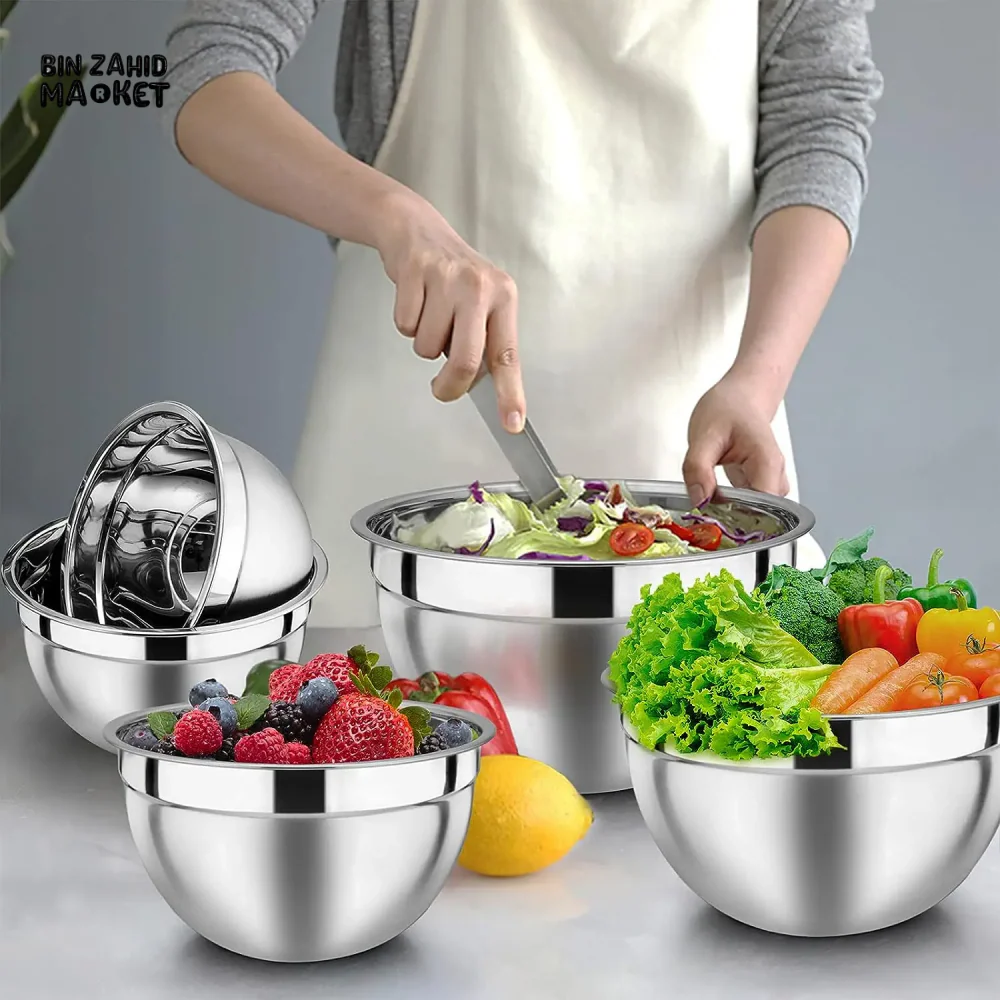 5-PIECE STAINLESS STEEL MIXING BOWLS SET WITH AIRTIGHT LIDS NESTING SALAD BOWLS - Image 2