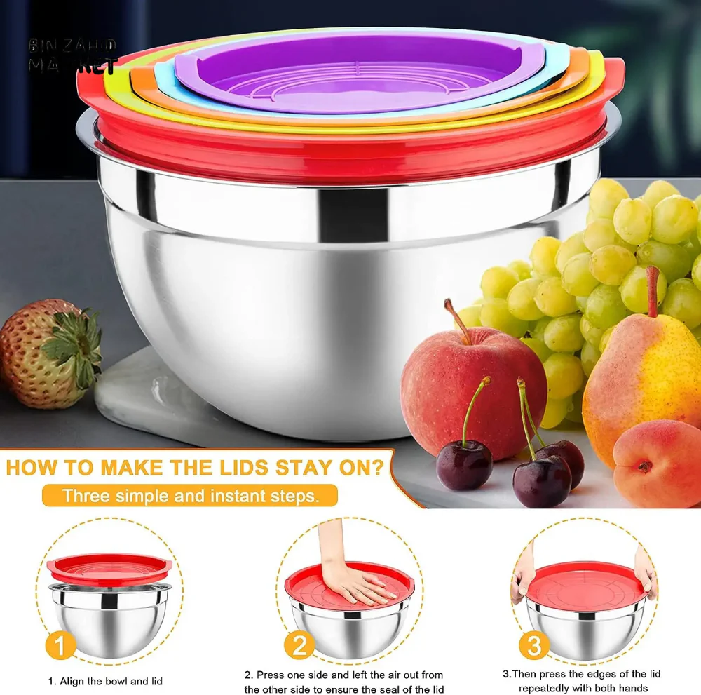 5-PIECE STAINLESS STEEL MIXING BOWLS SET WITH AIRTIGHT LIDS NESTING SALAD BOWLS - Image 3