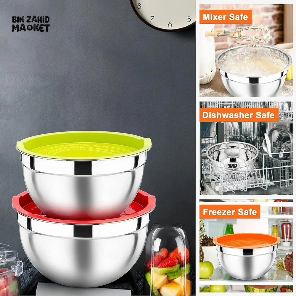 5-PIECE STAINLESS STEEL MIXING BOWLS SET WITH AIRTIGHT LIDS NESTING SALAD BOWLS - Image 4