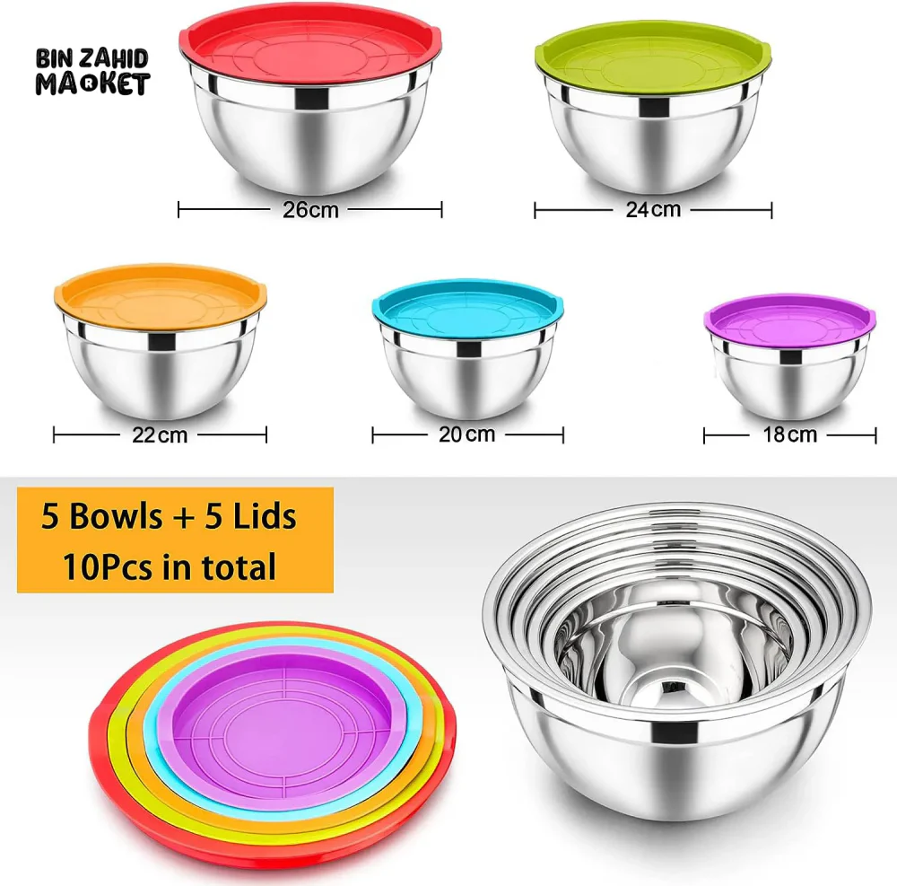 5-PIECE STAINLESS STEEL MIXING BOWLS SET WITH AIRTIGHT LIDS NESTING SALAD BOWLS - Image 6