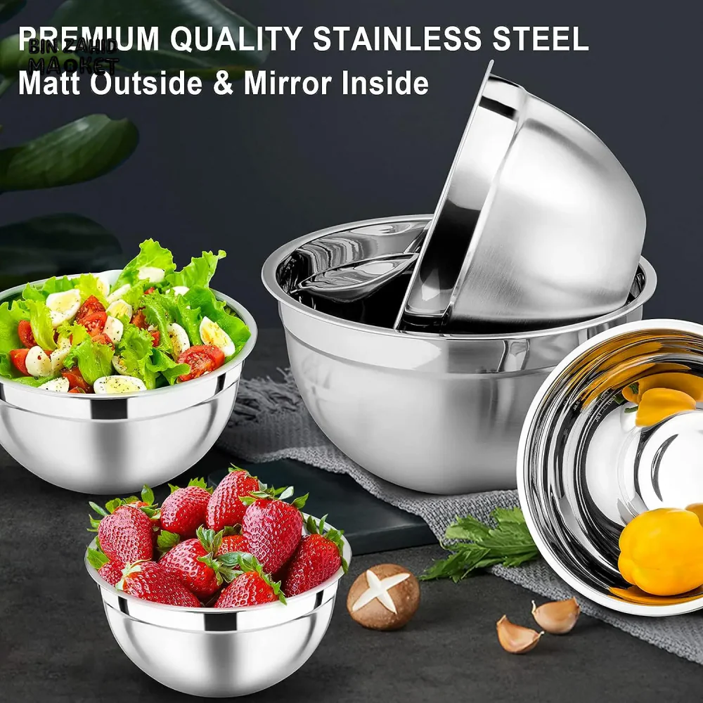 5-PIECE STAINLESS STEEL MIXING BOWLS SET WITH AIRTIGHT LIDS NESTING SALAD BOWLS - Image 9
