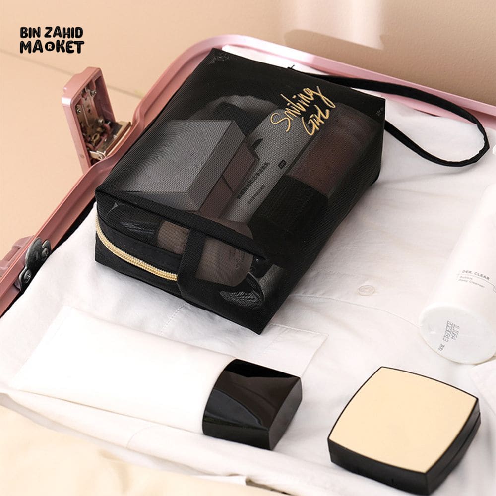 5 PIECES BLACK MESH COSMETIC BAG SET – TRANSPARENT TRAVEL MAKEUP ORGANIZER SMALL & LARGE TOILETRY BAGS WITH BRUSH HOLDER - Image 12