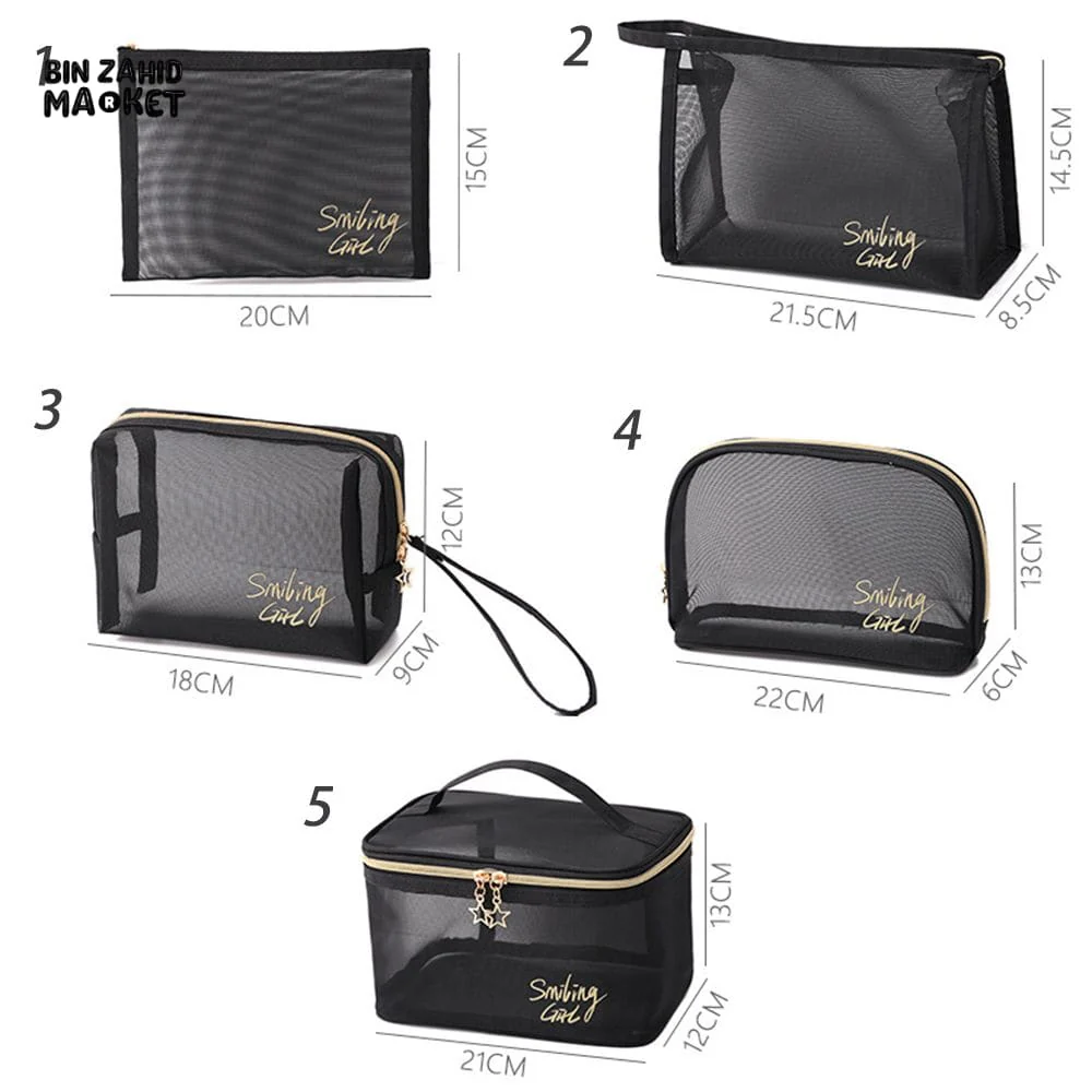 5 PIECES BLACK MESH COSMETIC BAG SET – TRANSPARENT TRAVEL MAKEUP ORGANIZER SMALL & LARGE TOILETRY BAGS WITH BRUSH HOLDER - Image 13