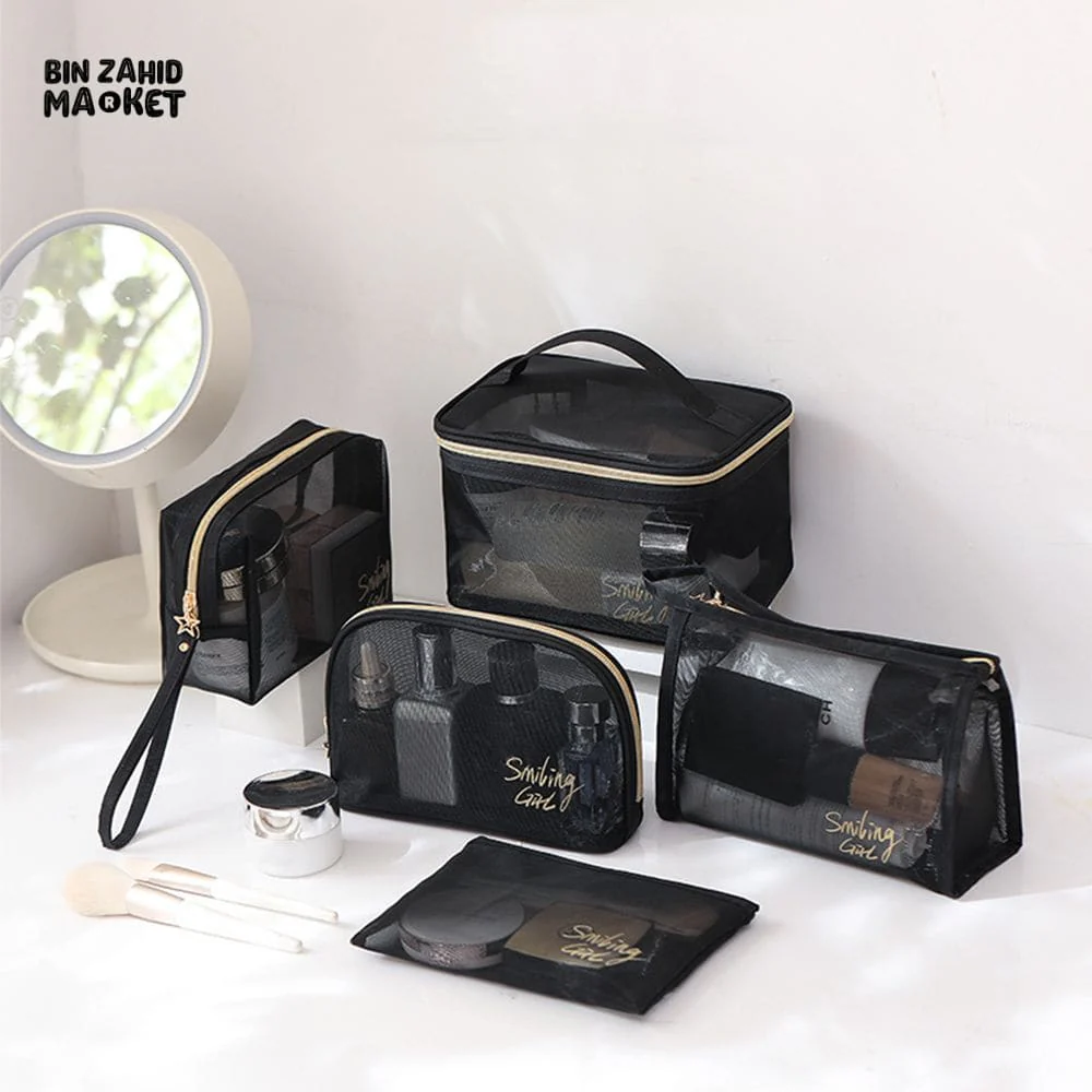5 PIECES BLACK MESH COSMETIC BAG SET – TRANSPARENT TRAVEL MAKEUP ORGANIZER SMALL & LARGE TOILETRY BAGS WITH BRUSH HOLDER - Image 2