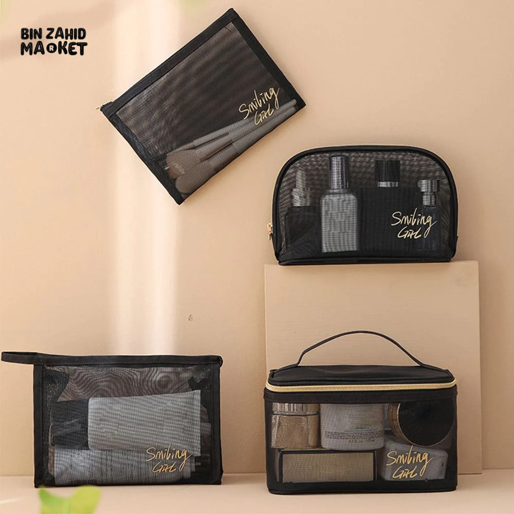 5 PIECES BLACK MESH COSMETIC BAG SET – TRANSPARENT TRAVEL MAKEUP ORGANIZER SMALL & LARGE TOILETRY BAGS WITH BRUSH HOLDER - Image 3